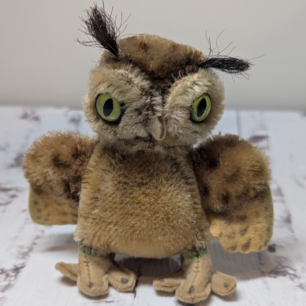 VINTAGE STEIFF WITTIE OWL MOHAIR STUFFED PLUSH TOY GREEN EYES BROWN BIRD